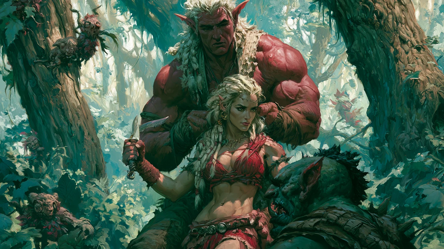 Warrior queen and elven guardian in an enchanted forest