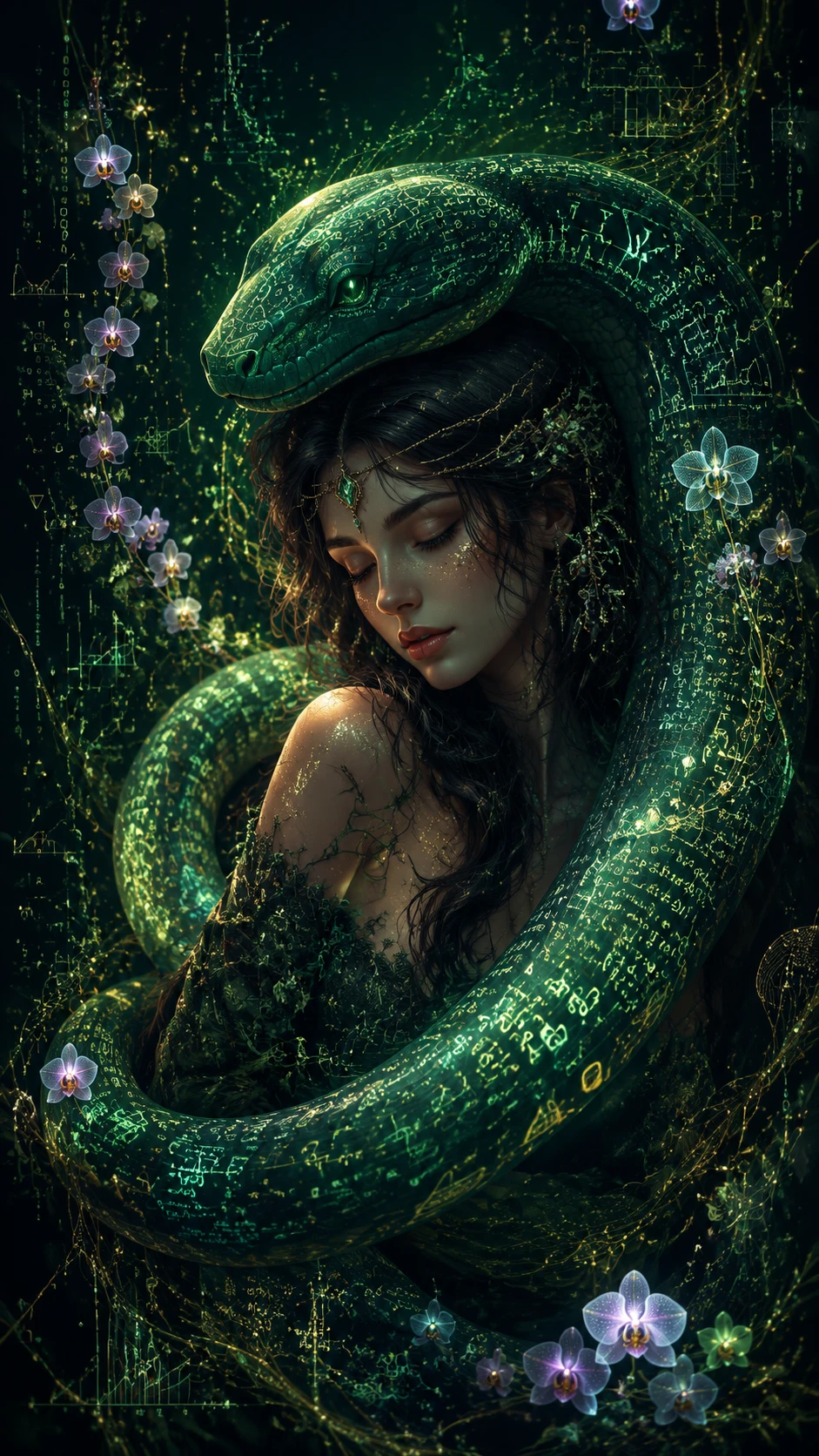 Bruja del bosque entrelazada con serpiente de datos esmeralda