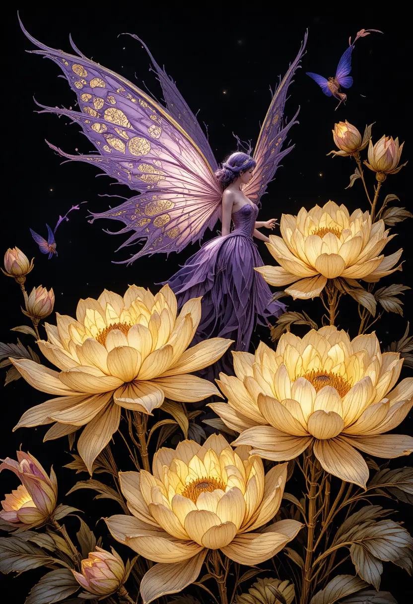 Goldene leuchtende Blumen mit einer zarten schwebenden violetten Fee