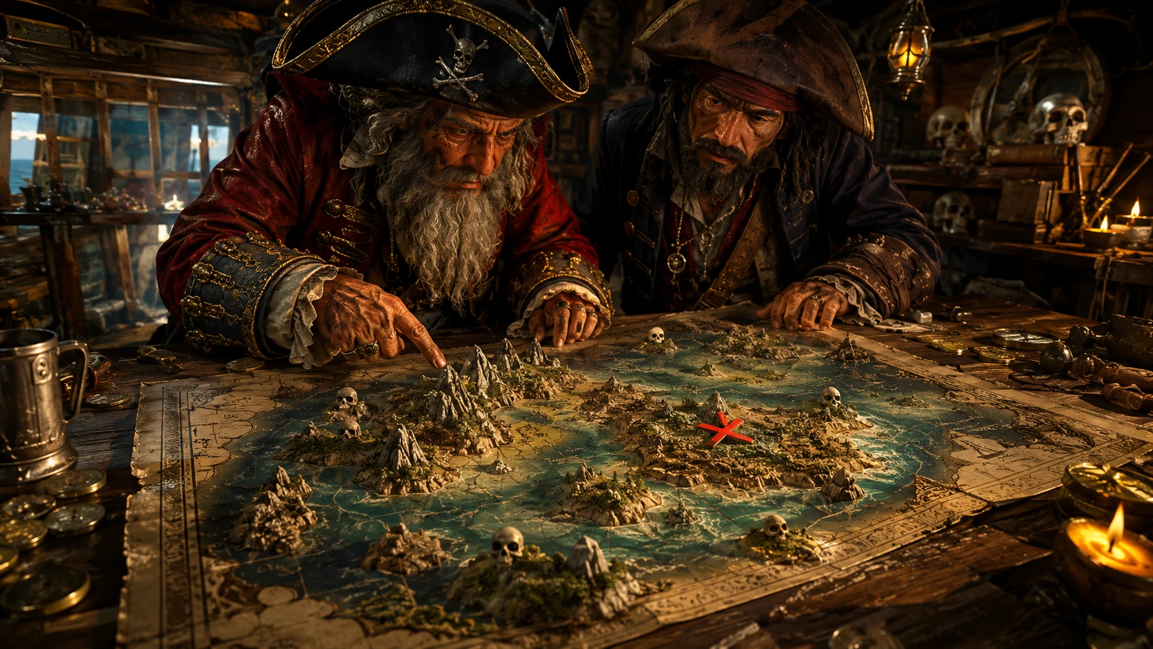 Three dimensional pirate treasure map in rustic den