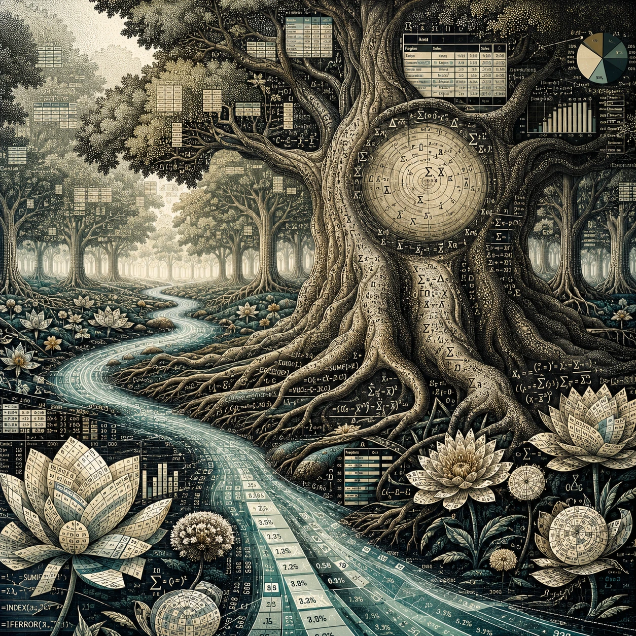 Rejilla de bosque infinito donde los números fluyen como raíces vivas
