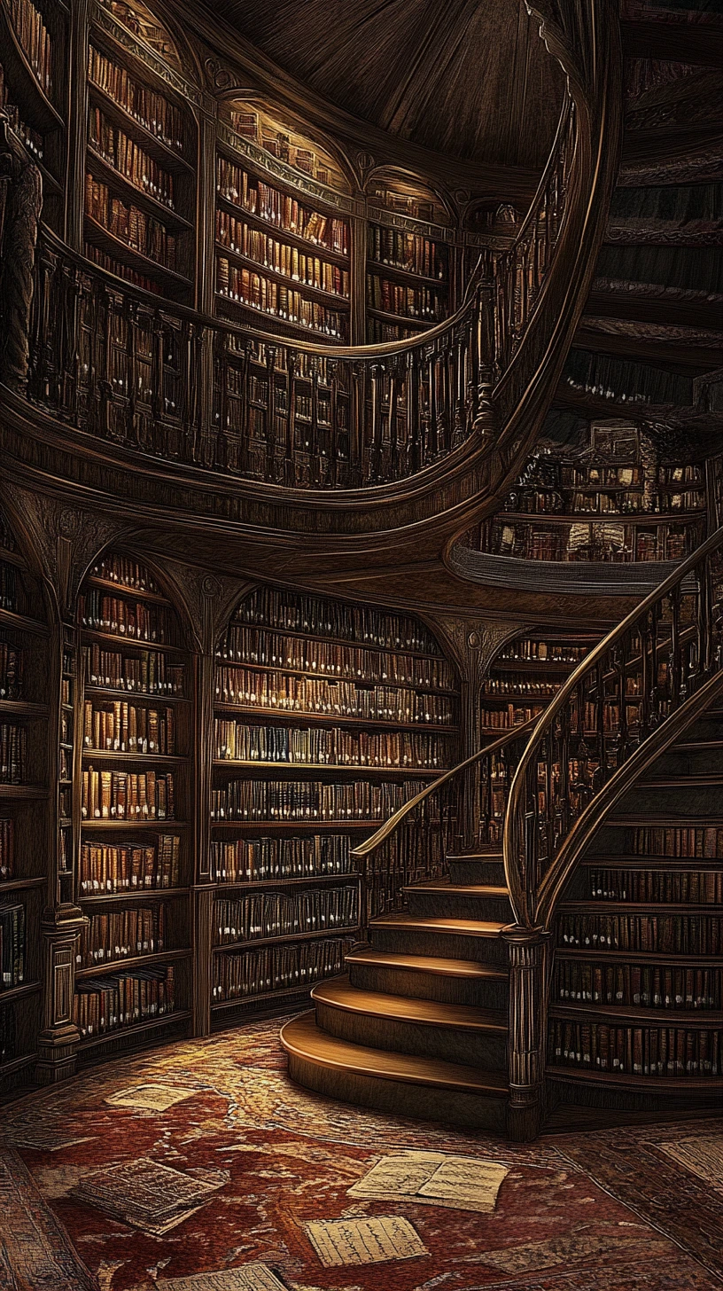 Biblioteca antigua que se arremolina en un vórtice óptico surrealista