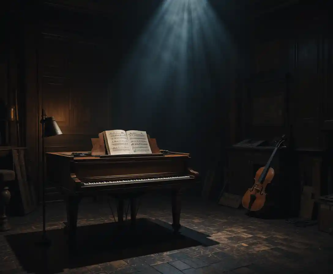 Piano de cauda em uma sala de música escura com luz de abajur quente