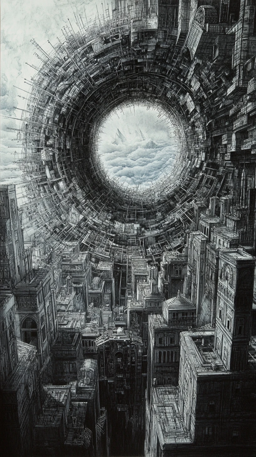 Ciudad mecánica en reconstrucción infinita con rejillas arquitectónicas en espiral