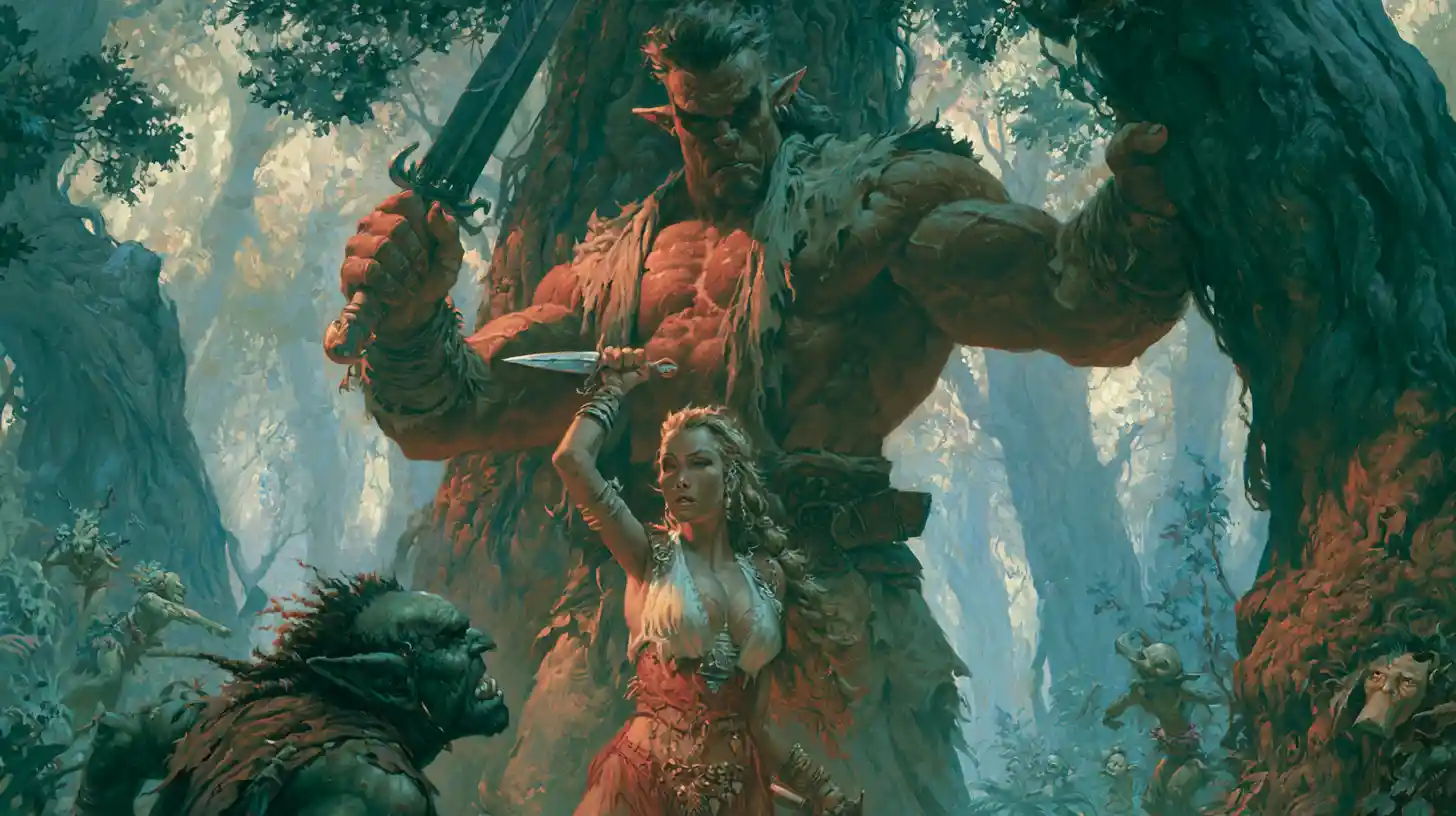 Warrior queen and elven guardian in an enchanted forest
