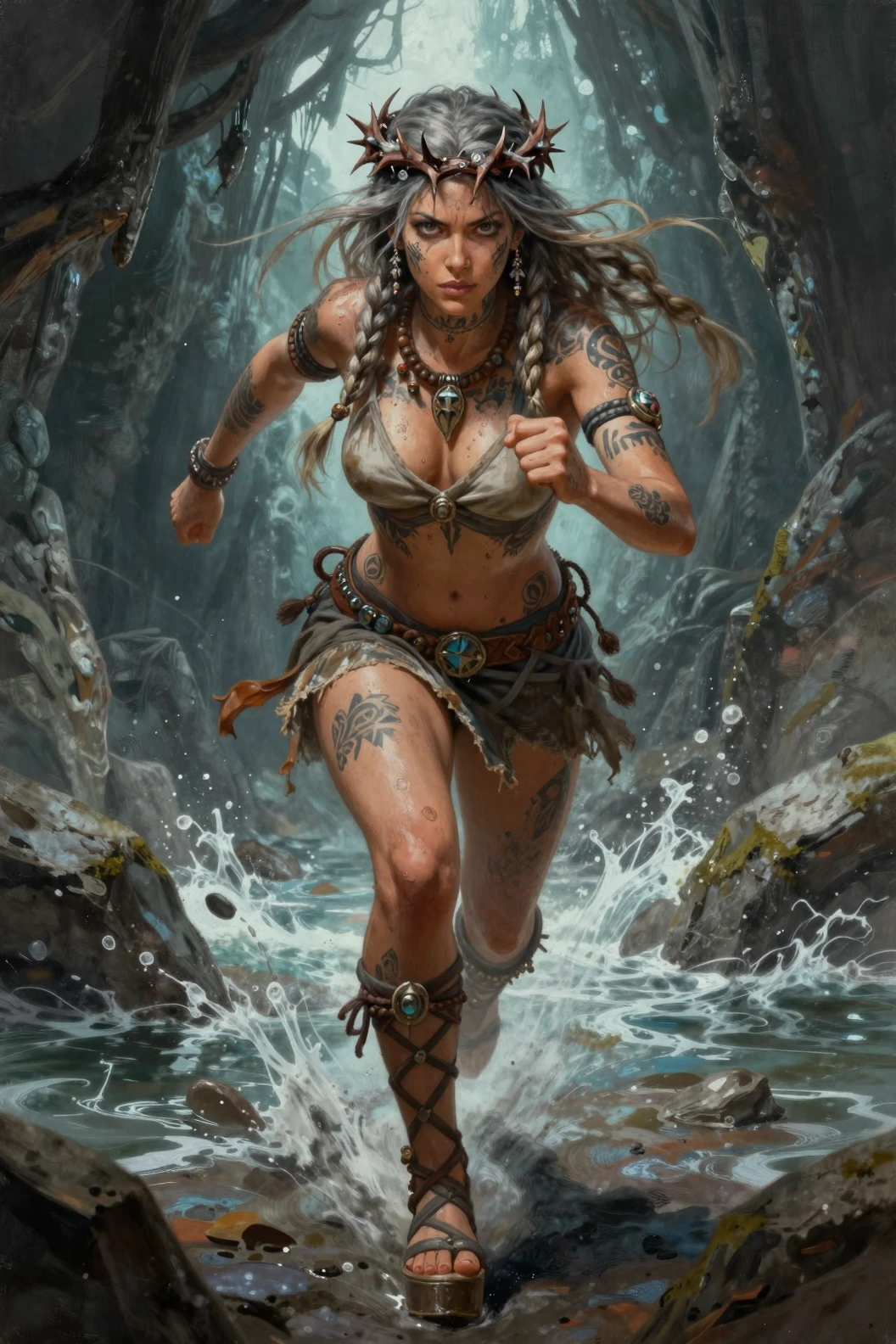 Tattooed shaman woman sprinting through a dark flooded cave