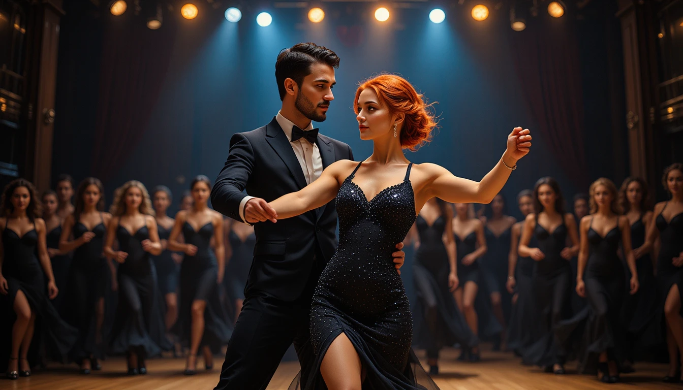 Pareja de baile de salón actuando en un escenario oscuro y dramático