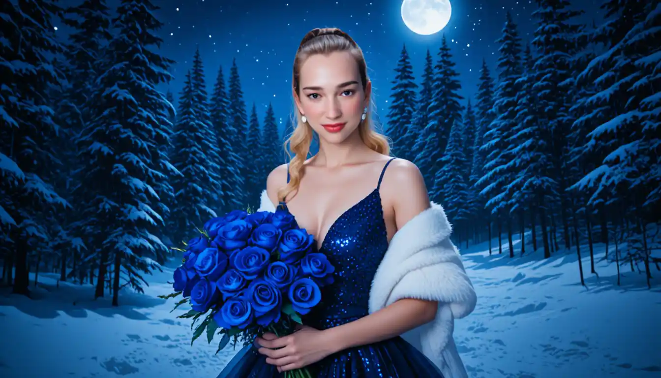 Elegant woman in blue dress in a snowy moonlit forest