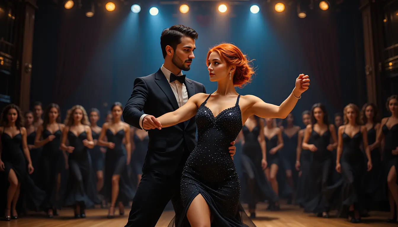 Ballroom dance couple performing on a dramatic dark stage