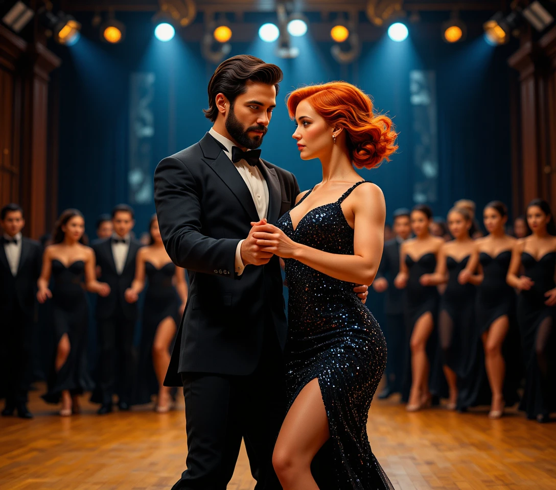 Passionate ballroom dance couple under dramatic stage lights
