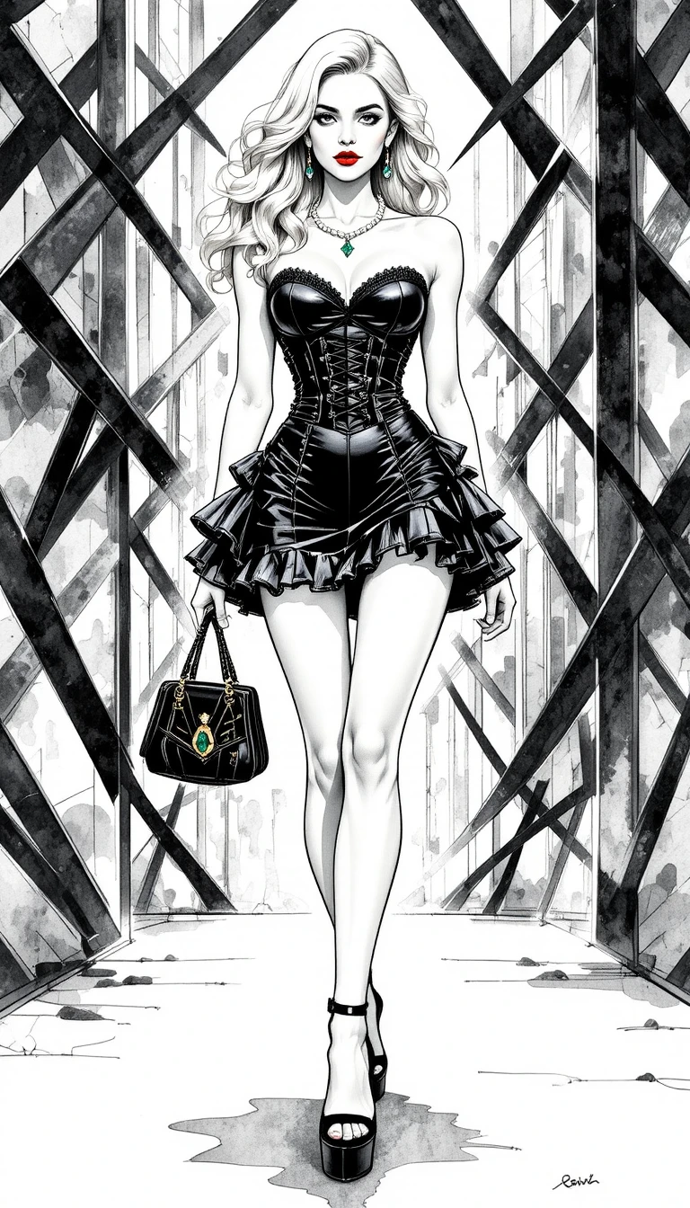 Glamorous blonde woman in black leather fashion ensemble