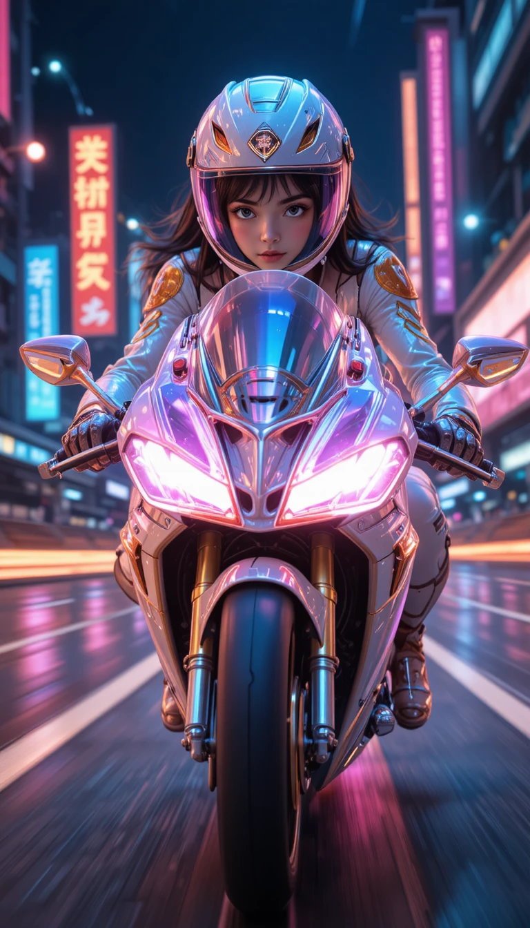 Female rider turning hard on a translucent sci fi motorcycle