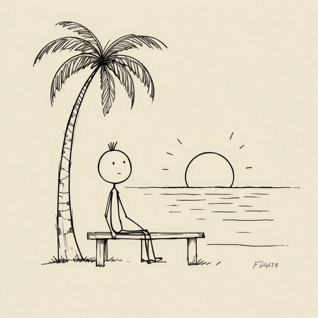海邊夕陽下棕櫚樹旁長椅上的火柴人