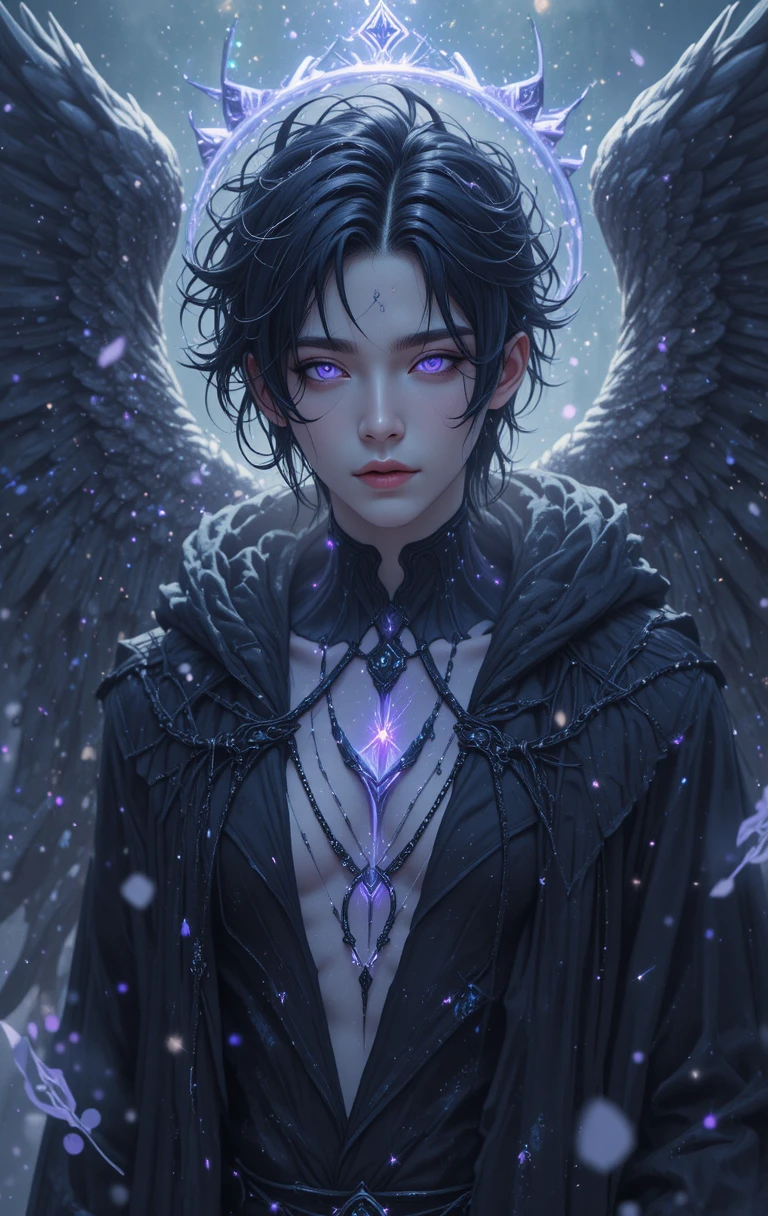 Joven de anime de alas oscuras con aura violeta hecha añicos