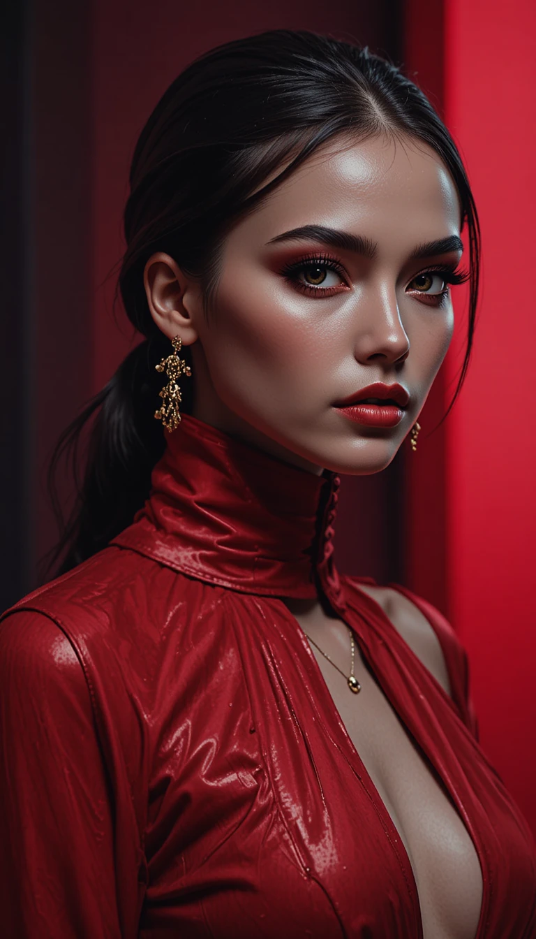 Retrato de moda de una mujer con atuendo carmesí de cuello alto