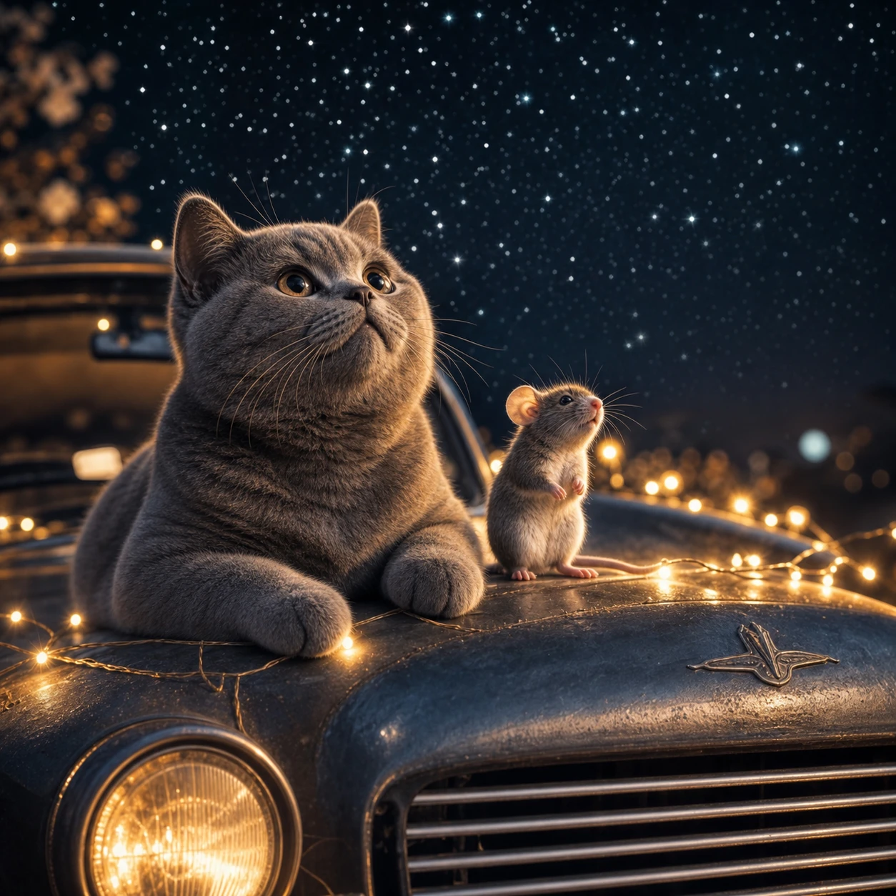 Katze und Babymaus unter einem sternklaren Nachthimmel