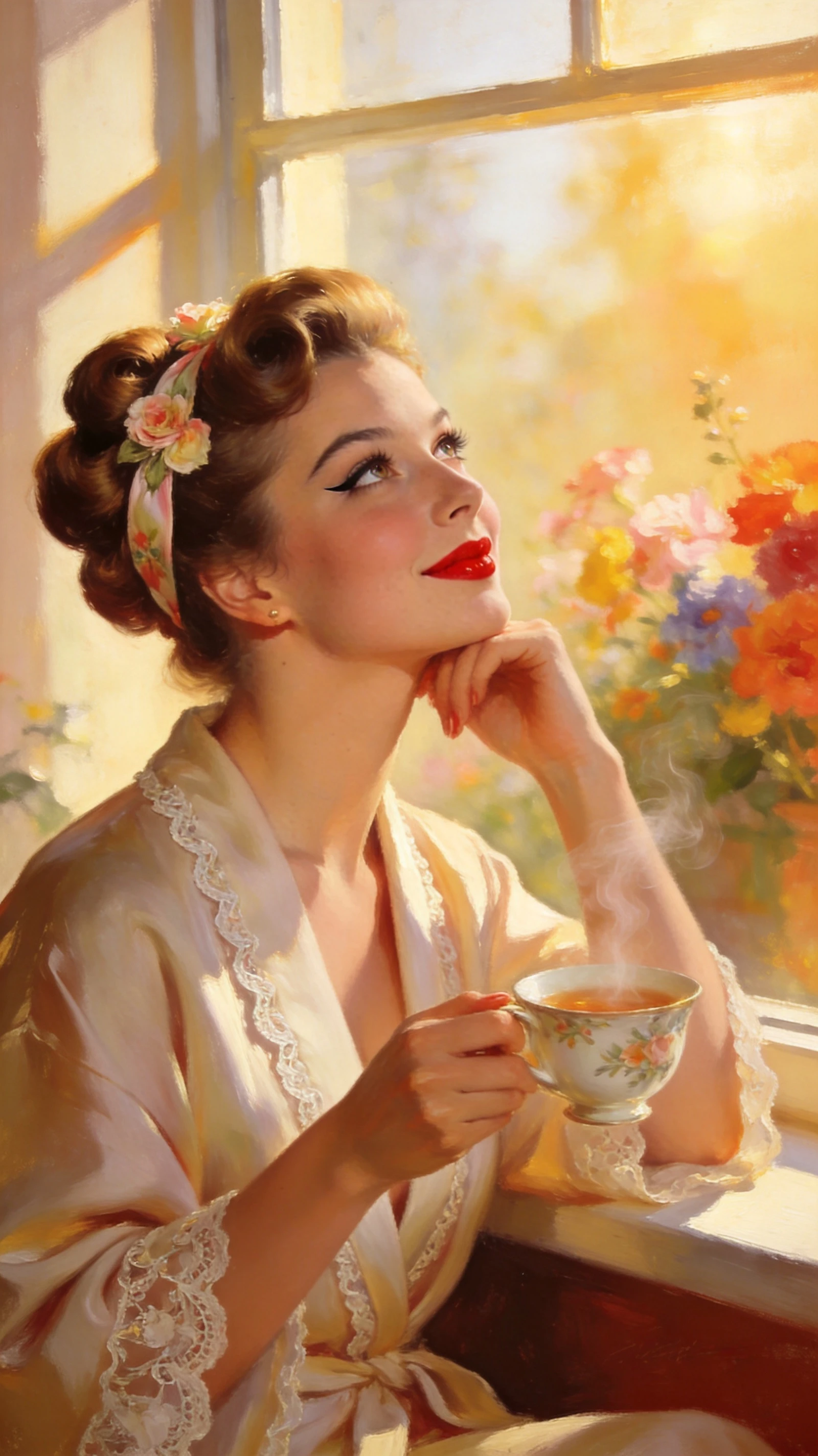 Mujer pin up de los años 50 junto a una ventana bañada por el sol