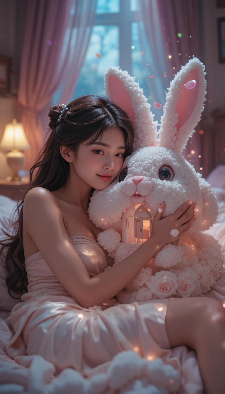 Mujer tranquila durmiendo con una criatura esponjosa parecida a un conejo