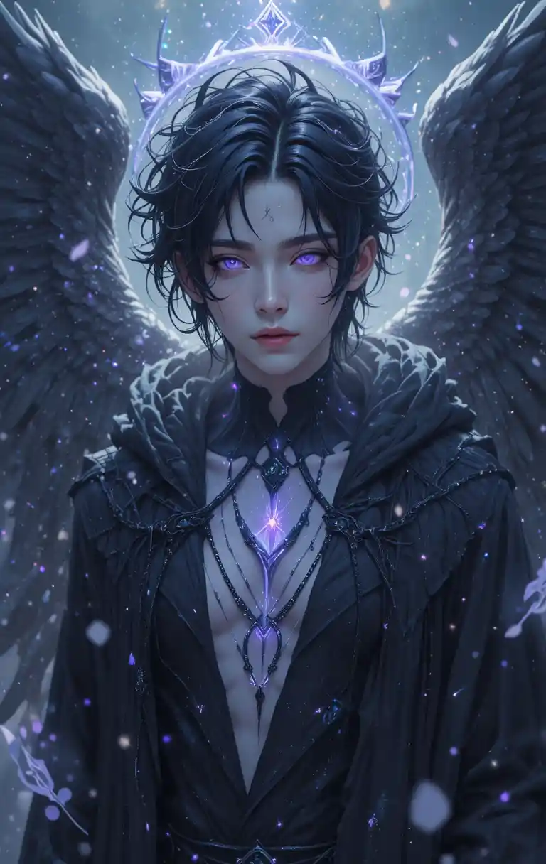 Joven de anime de alas oscuras con aura violeta hecha añicos