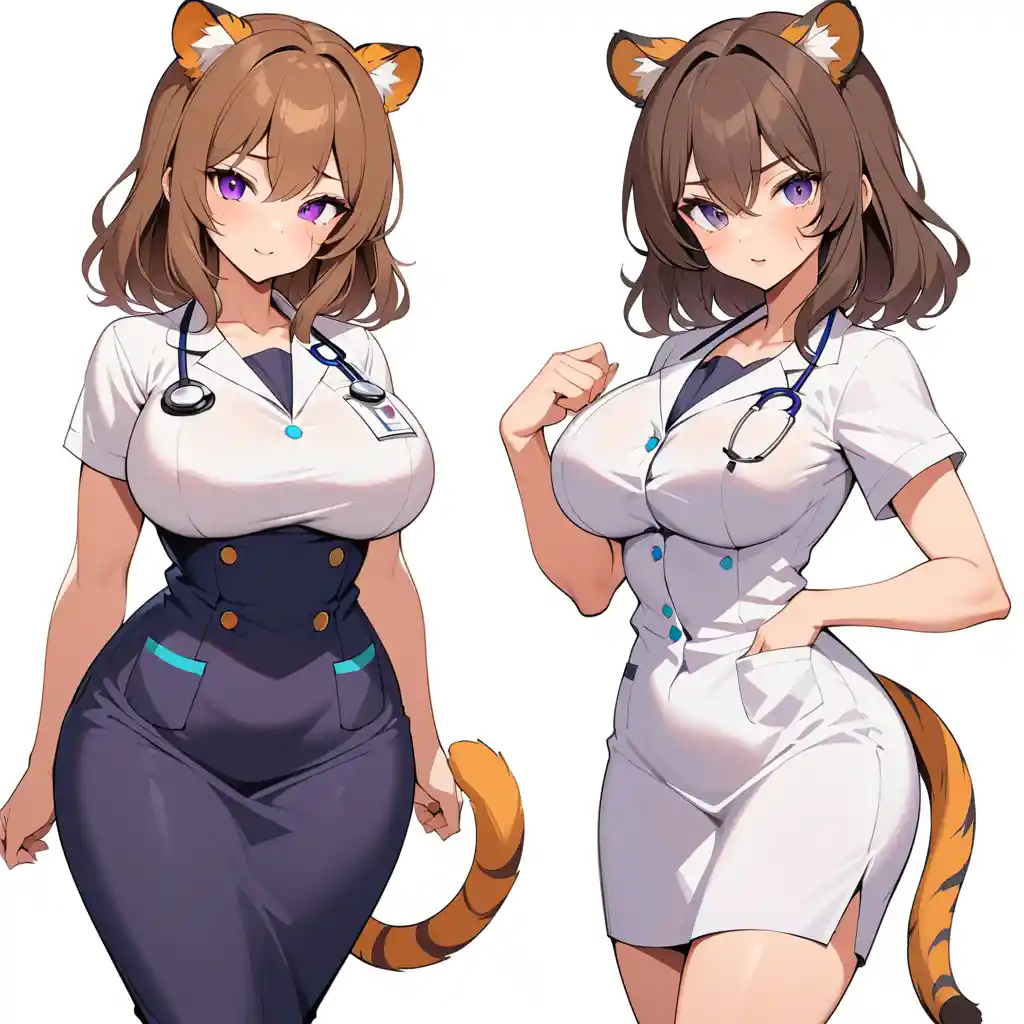 Tiger eared doctor woman with scars and violet eyes