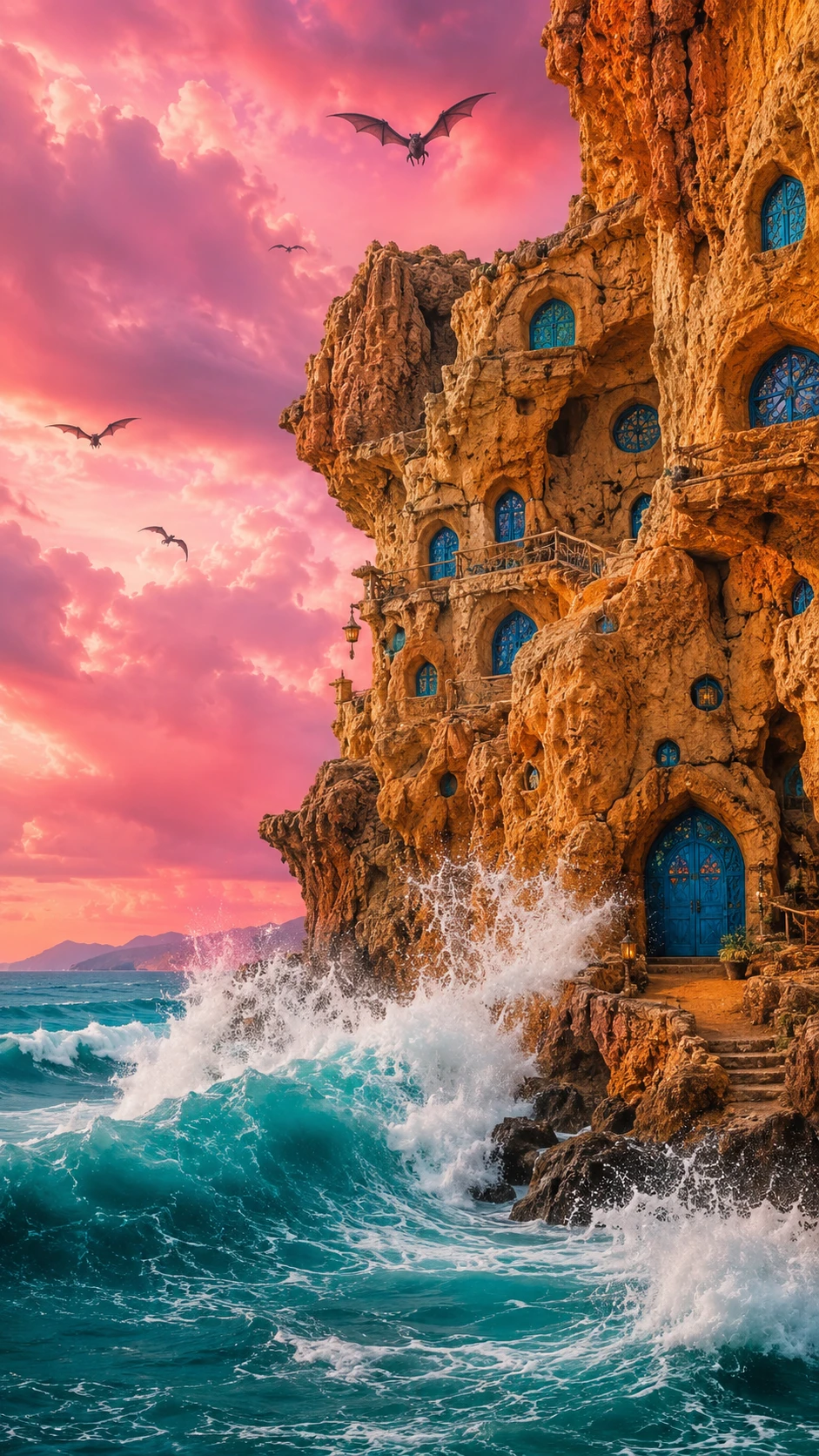 Acantilados de fantasía sobre un mar turquesa tormentoso al atardecer