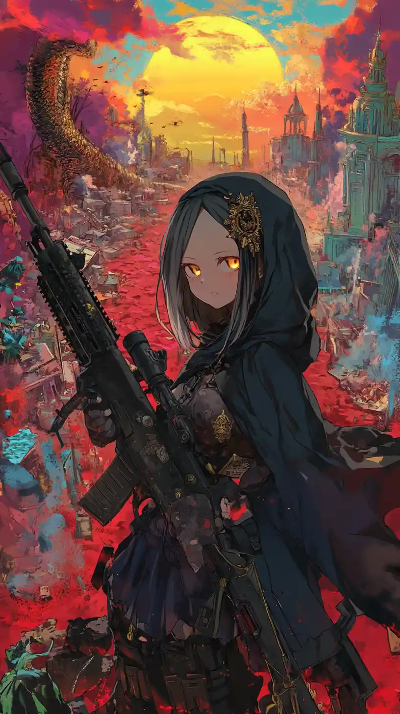 Anime girl on a golden path in a surreal fantasy city