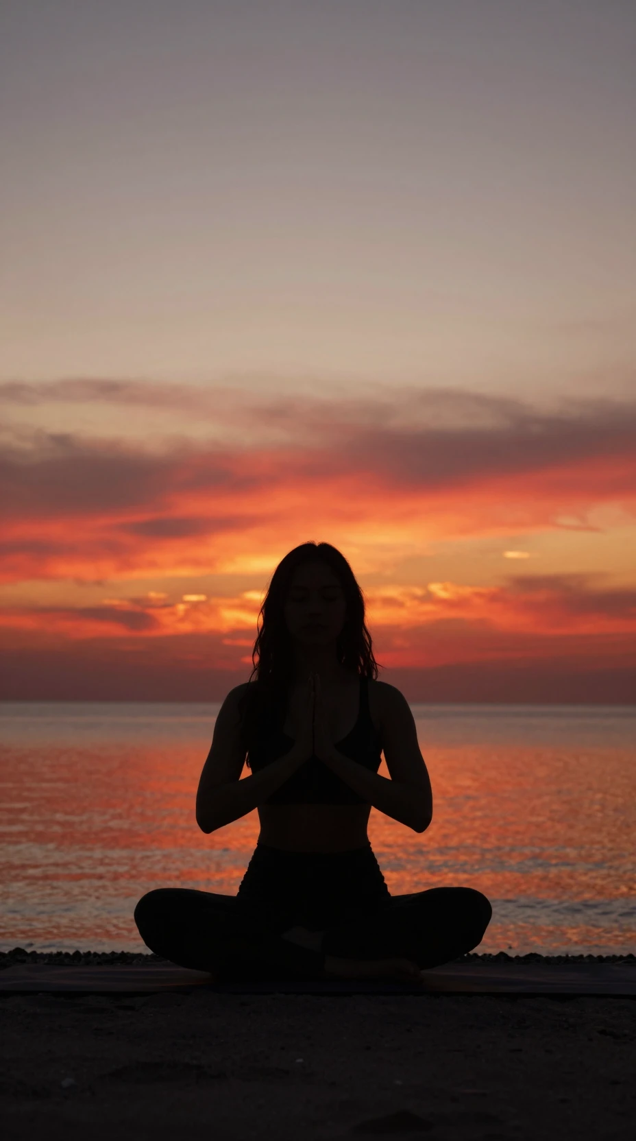 夕焼けの海辺で瞑想する女性のシルエット