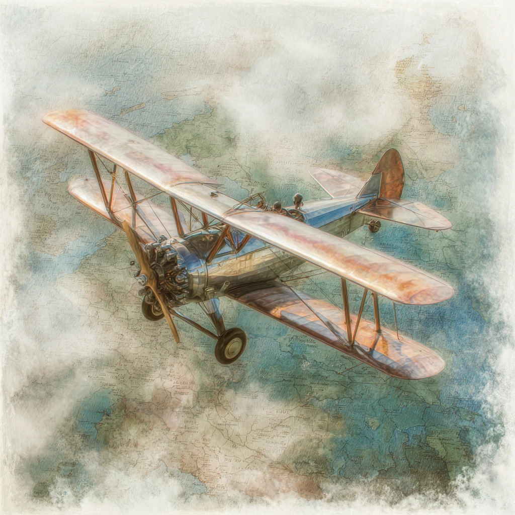 Vintage biplane flying over a faded fantasy world map