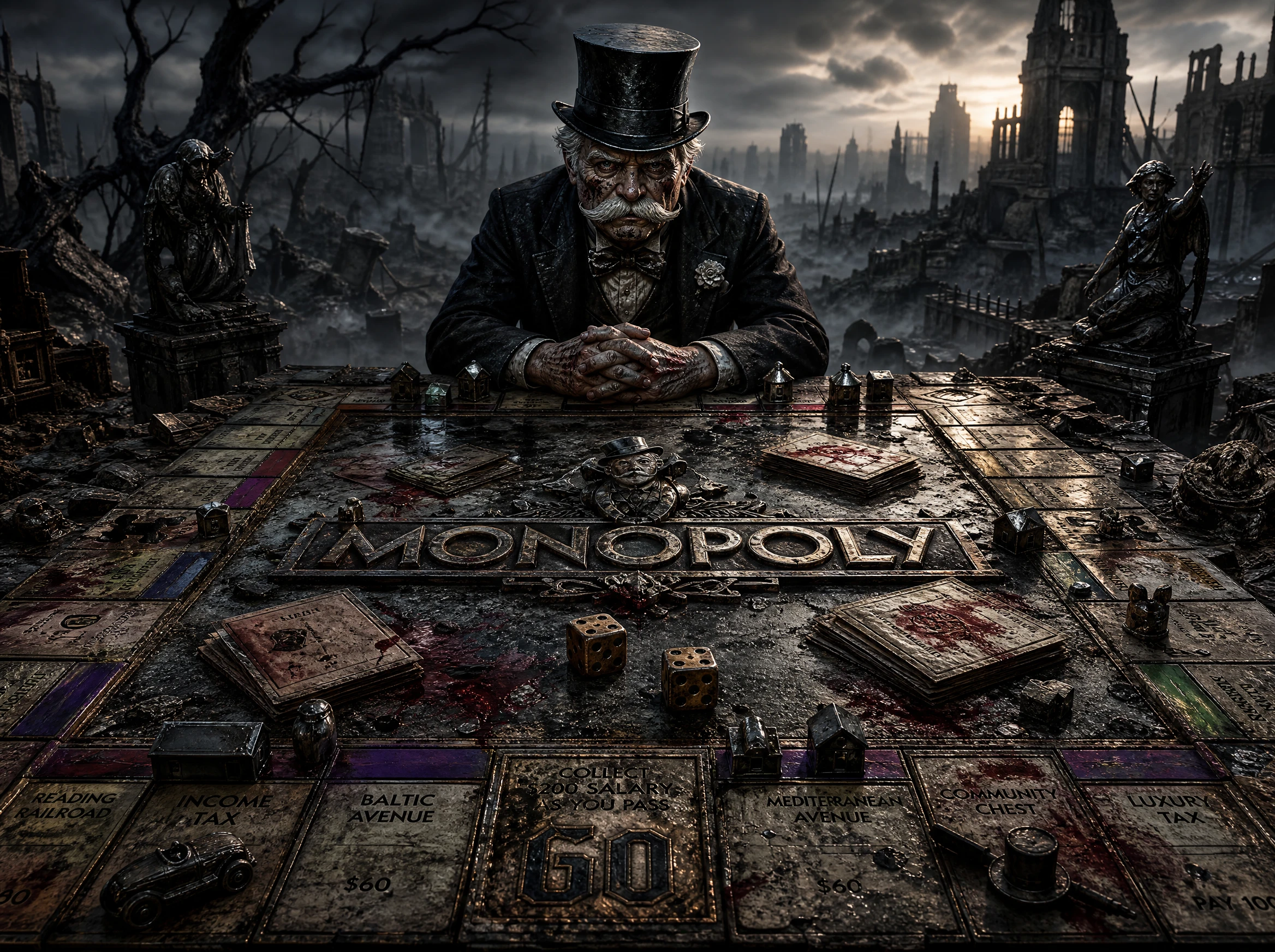 Gioco da tavolo gotico post-apocalittico in un paesaggio desolato