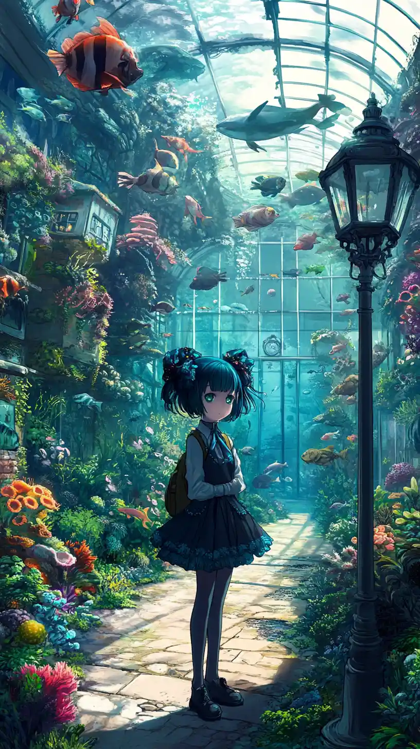 Sentiero in serra in stile anime fiancheggiato da rigogliose piante esotiche