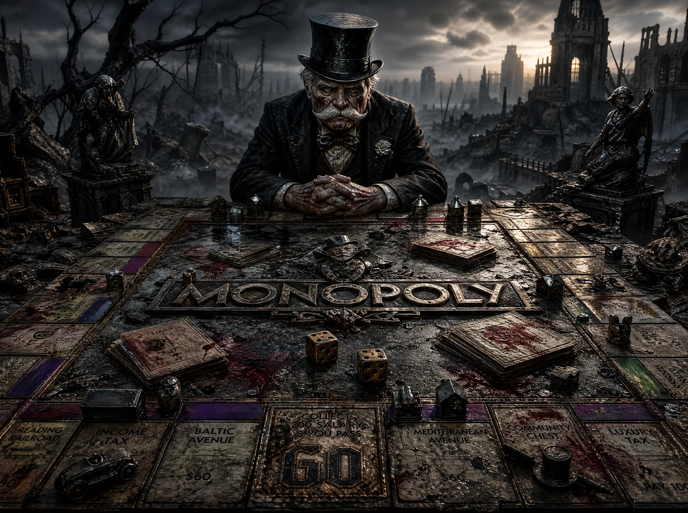 Juego de mesa gótico posapocalíptico en un paisaje desolado