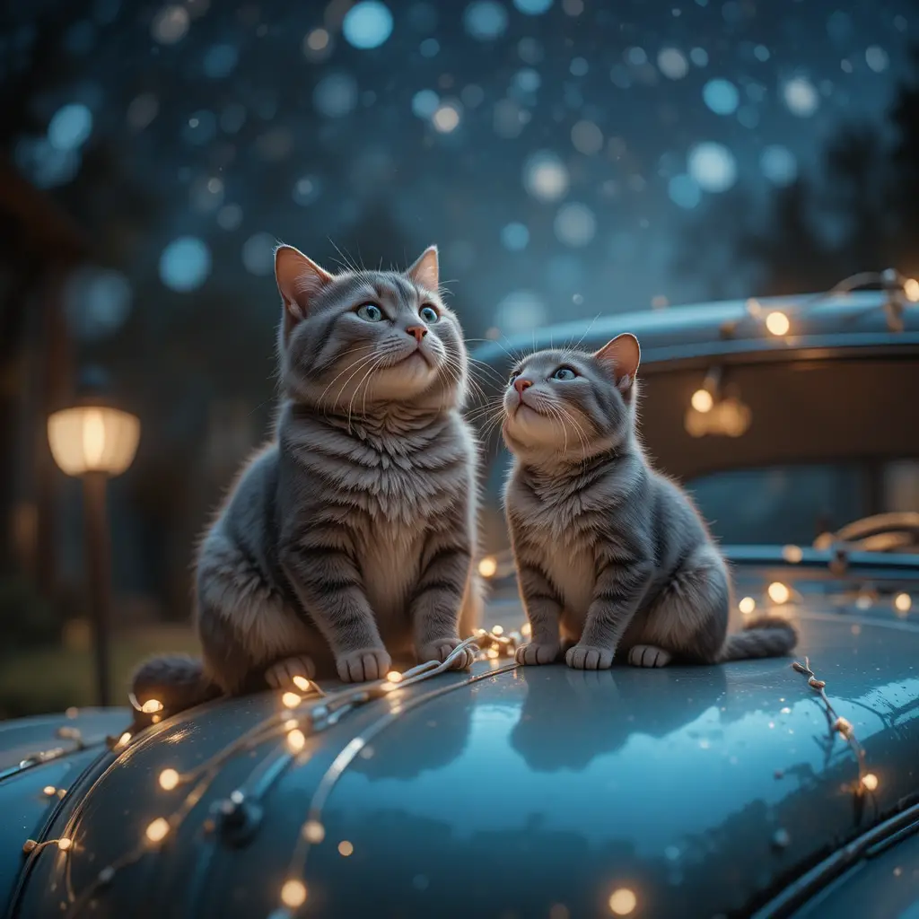 Chat et bébé souris sous un ciel nocturne lumineux