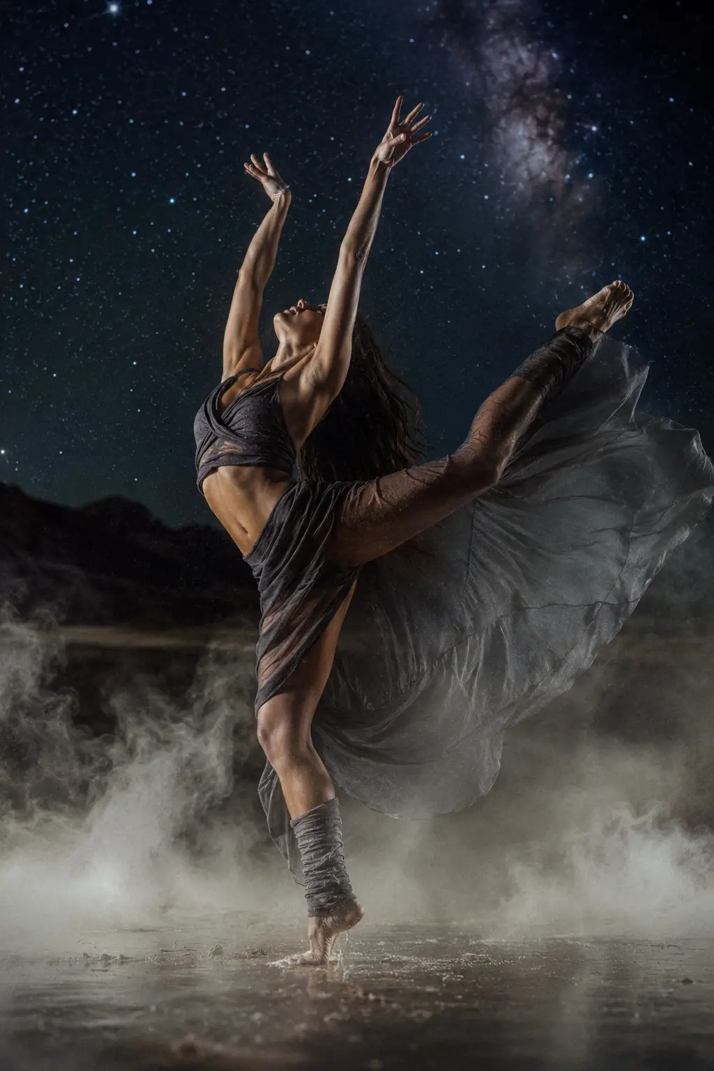 Barefoot dancer arching beneath a mystical starry sky