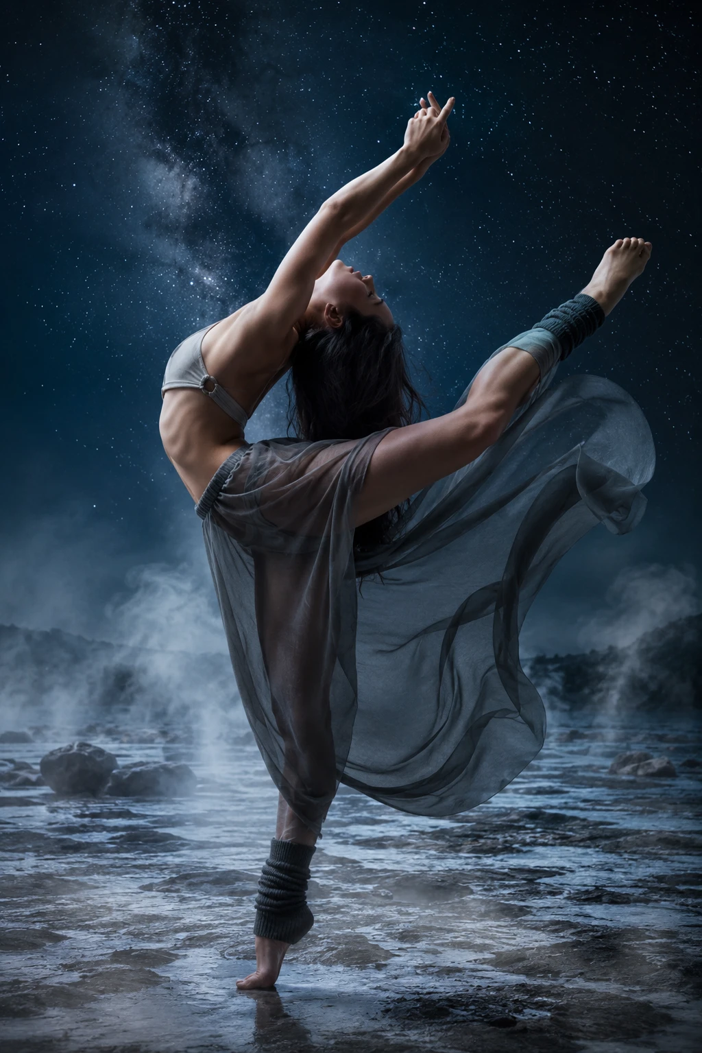 Bailarina descalza arqueándose bajo un cielo nocturno estrellado y místico