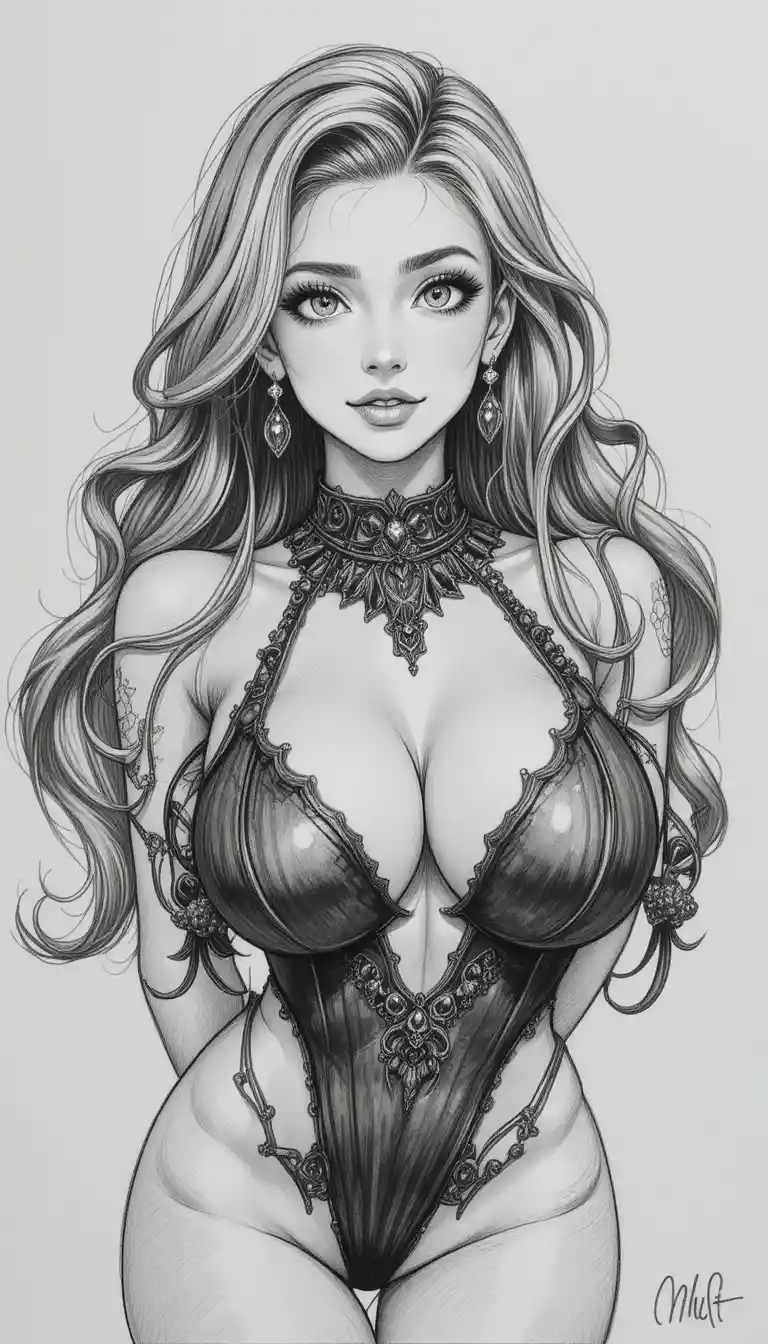 Pencil anime woman with radiant smile and styled hair