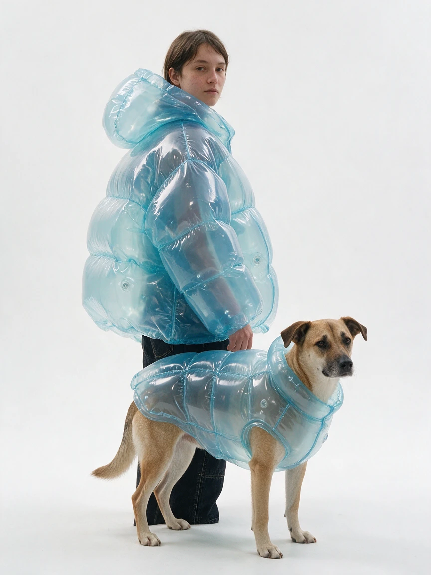 Mujer y perro con chaquetas inflables azul translúcidas a juego