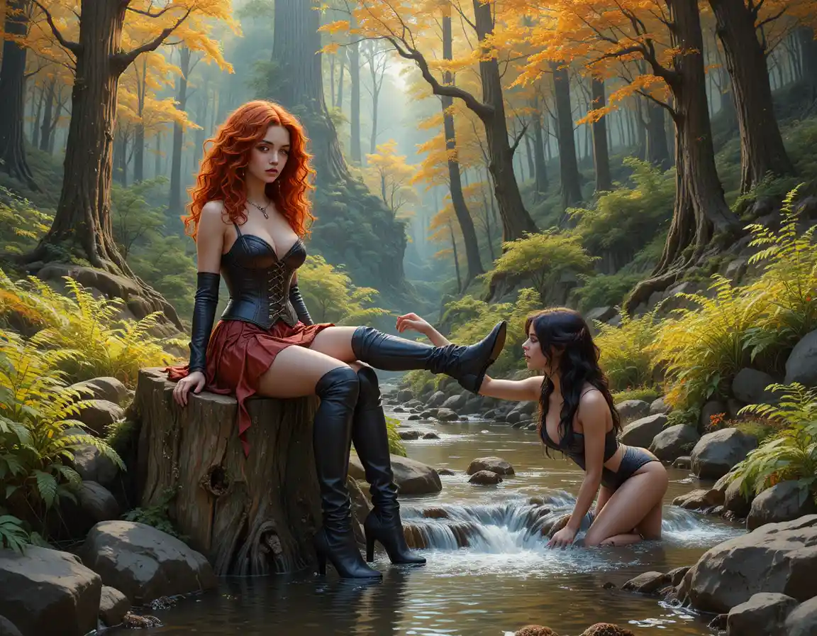 Fantasy women by a forest stream in autumn light