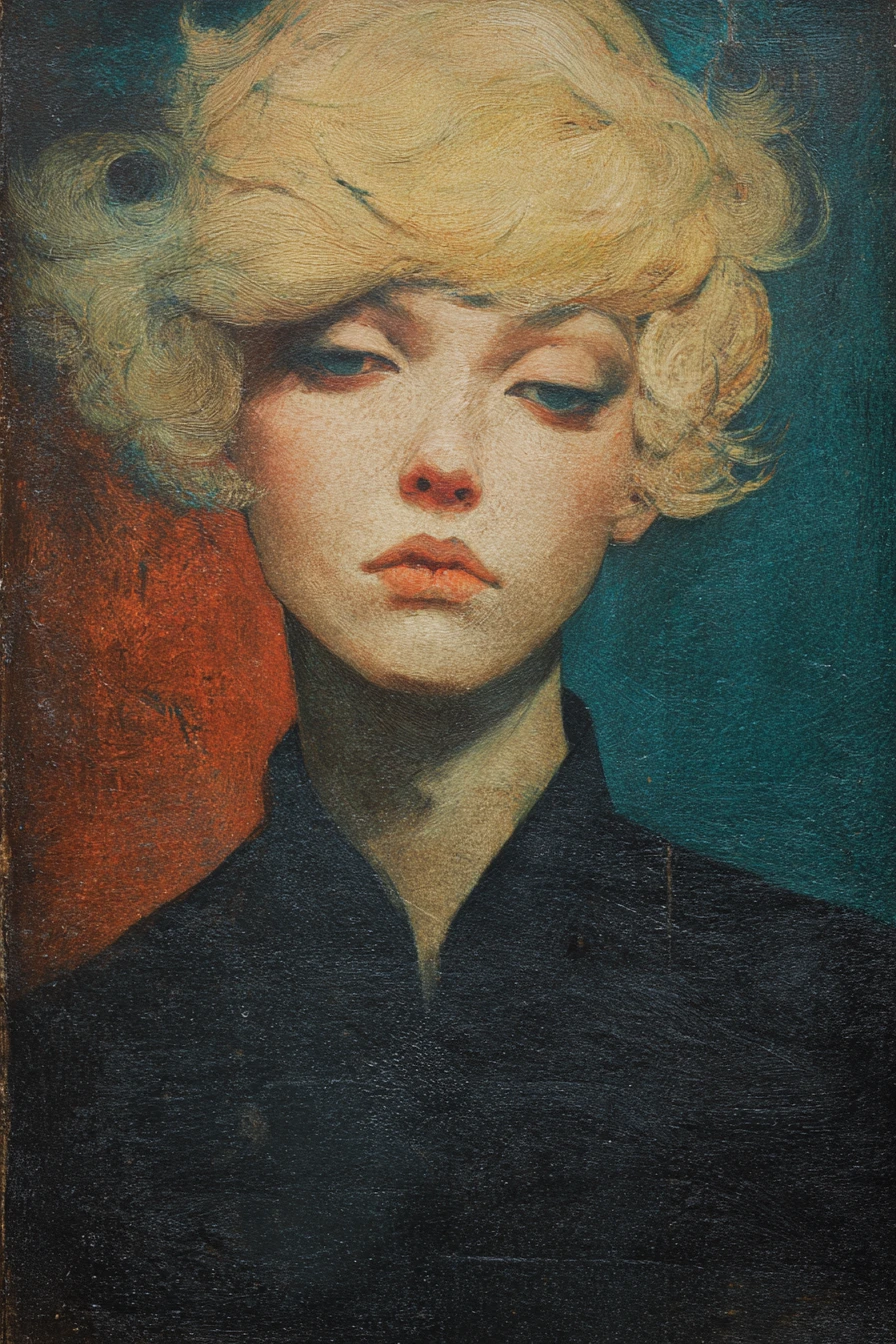 Retrato surreal en primer plano de una chica rubia en colores intensos