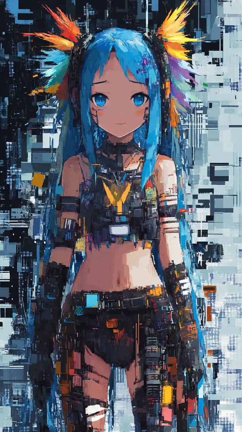 Anime girl dissolving into colorful pixelated background