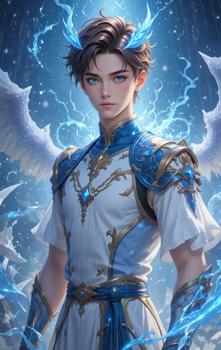 Giovane uomo fantasy con corna blu luminose in tunica