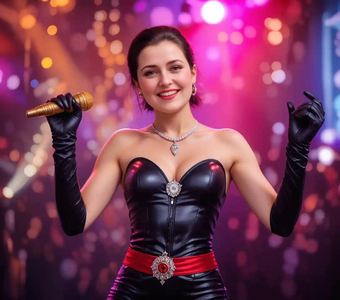 Donna sul palco con microfono dorato e guanti