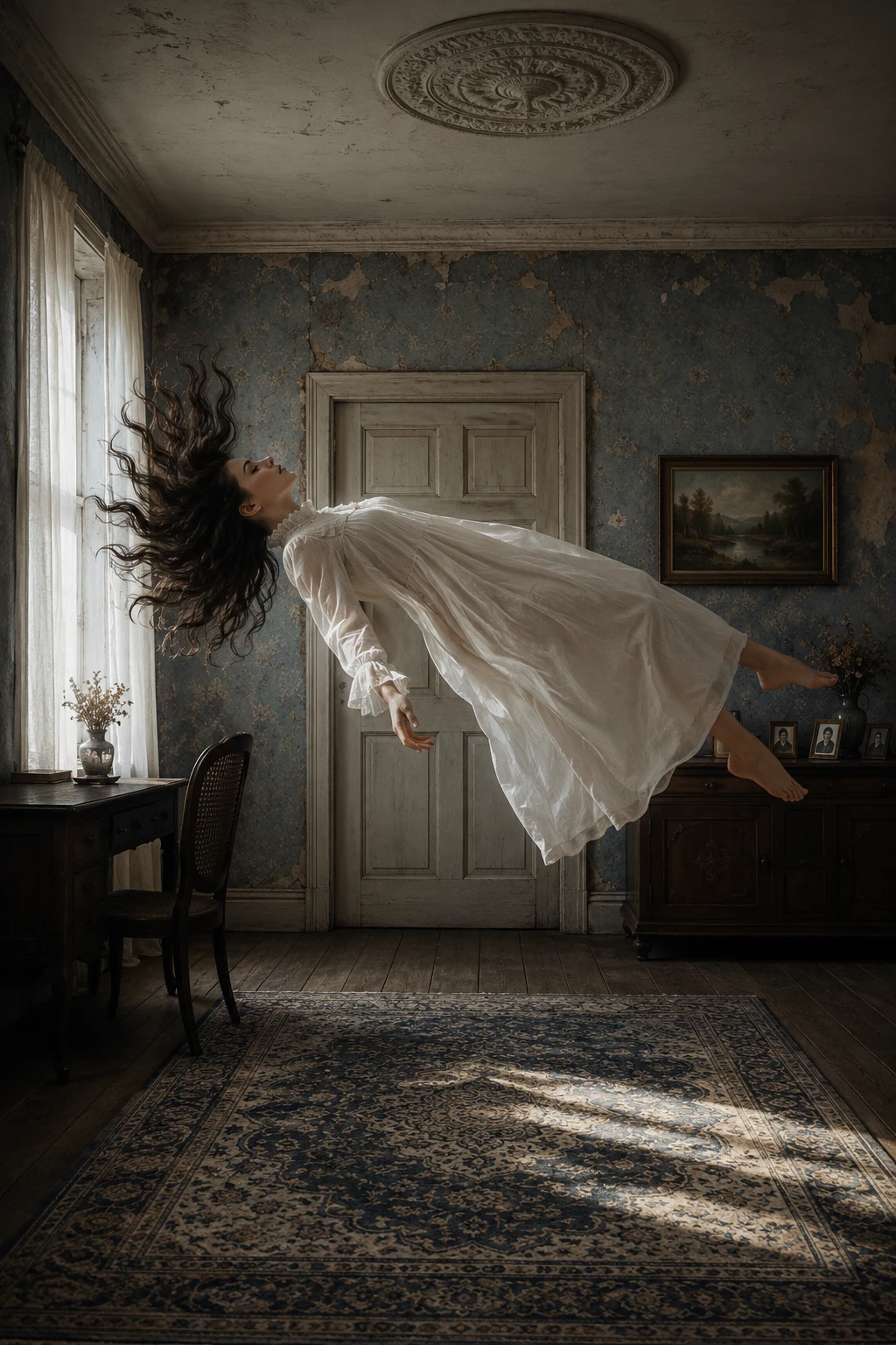 Joven levitando en un dormitorio vintage tenue