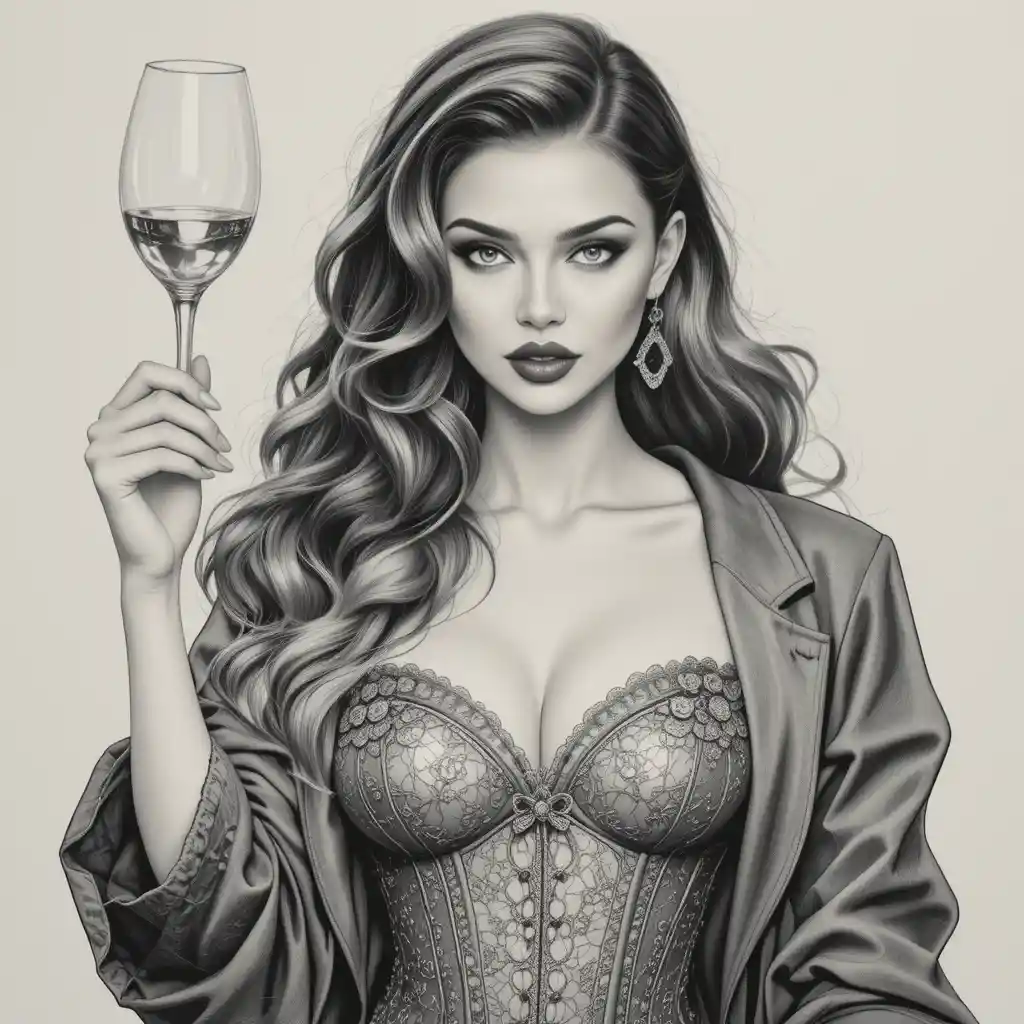 ワイングラスを掲げる金髪の少女のグラファイトドローイング