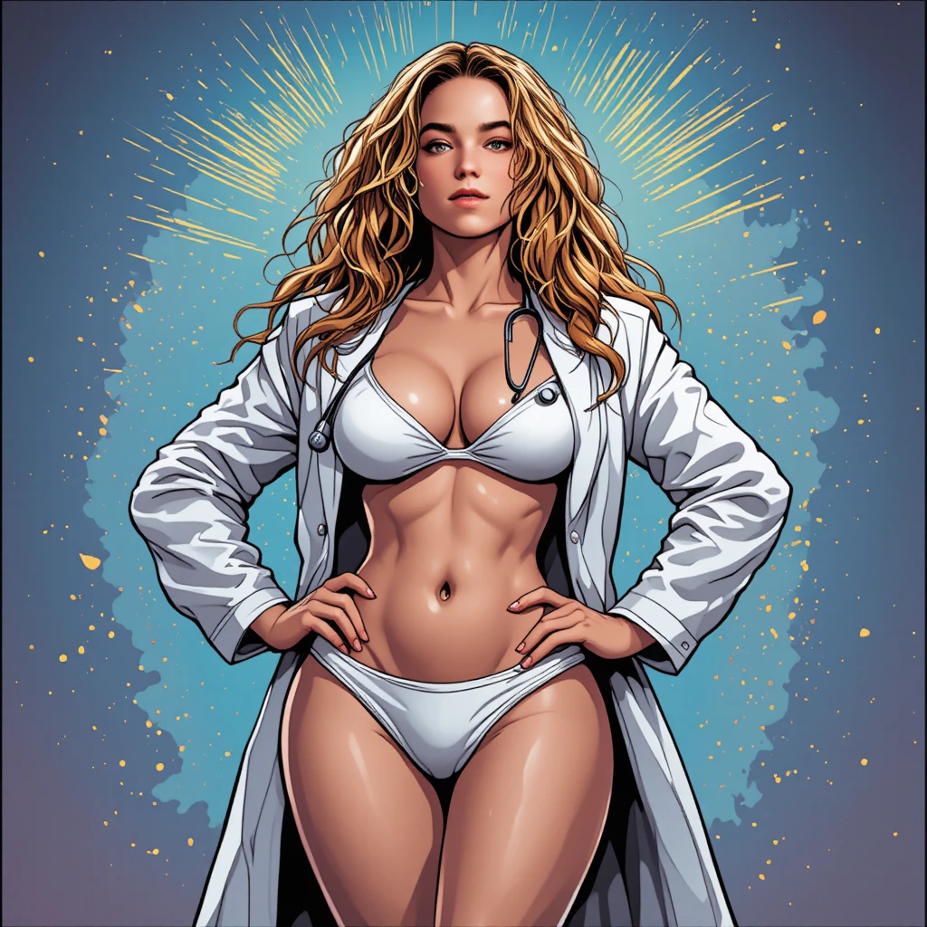 Curvy woman in white bikini and lab coat with stethoscope