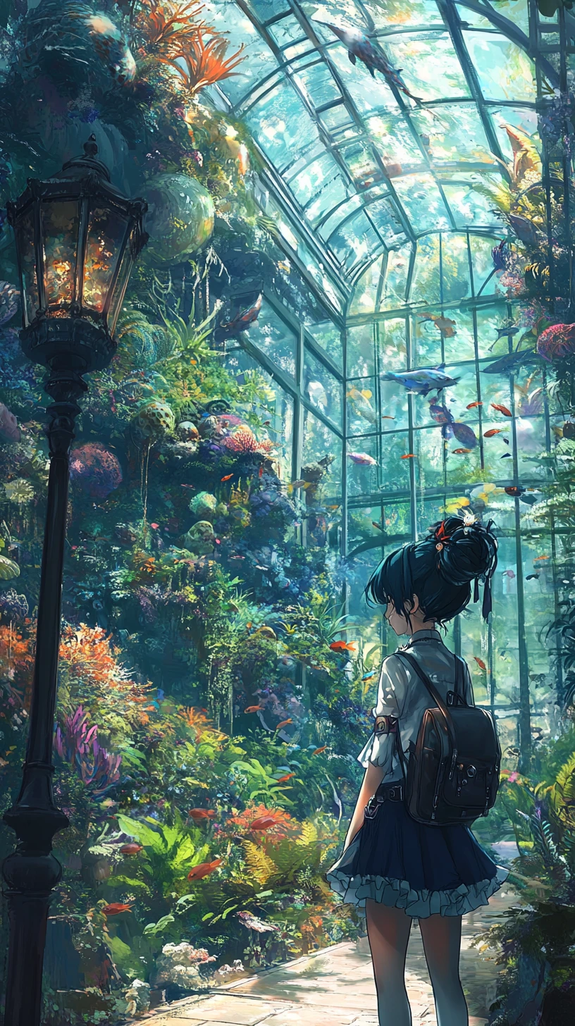 Anime greenhouse path with exotic plants and lamppost