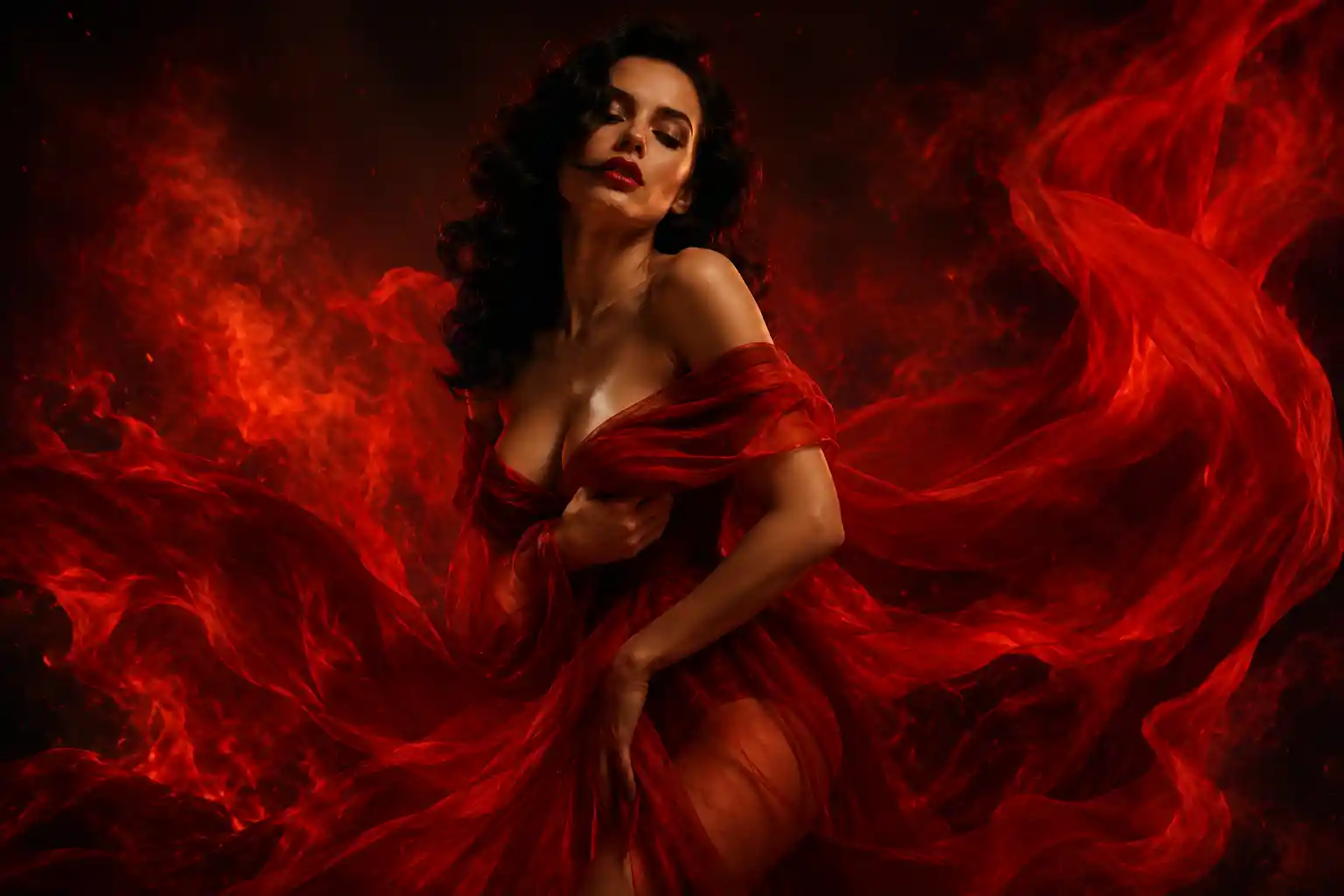 Seductive woman in flowing red gown with swirling fiery fabric