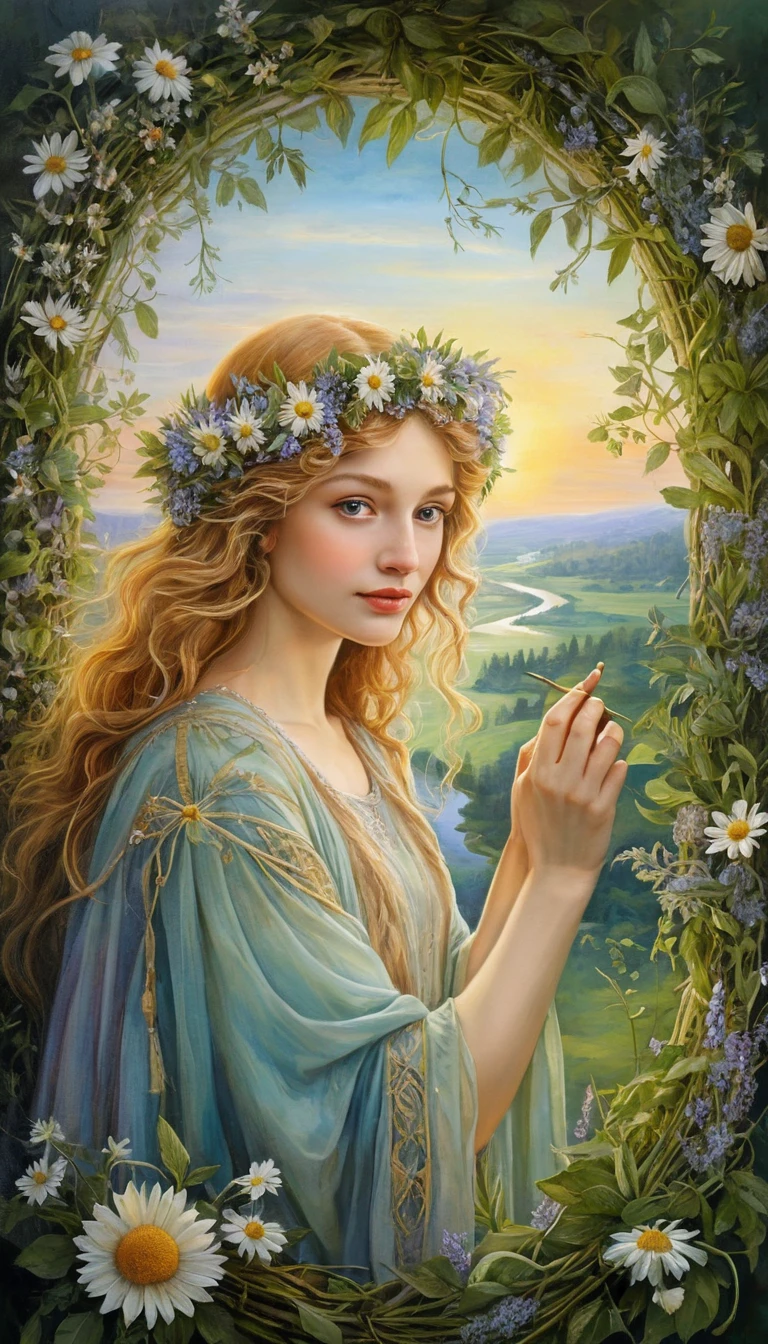 Joyful midsummer sunrise with a herbal wreath in nature