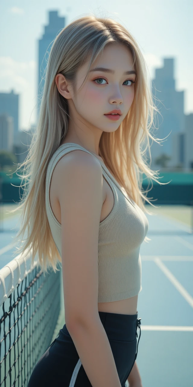 Retrato de una tímida chica de verano en una pista de tenis en la azotea