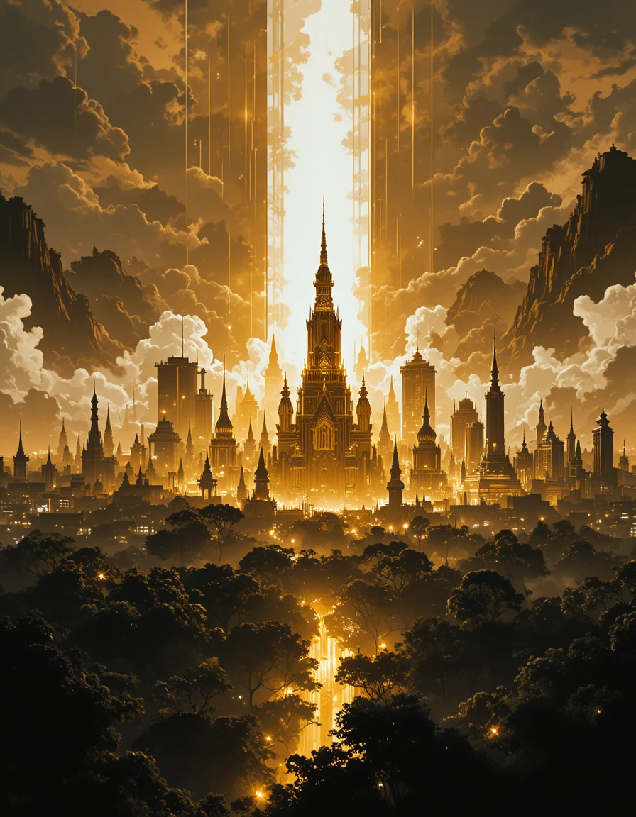 Paisaje urbano dorado de Bangkok cyberpunk entre la tierra y el cielo