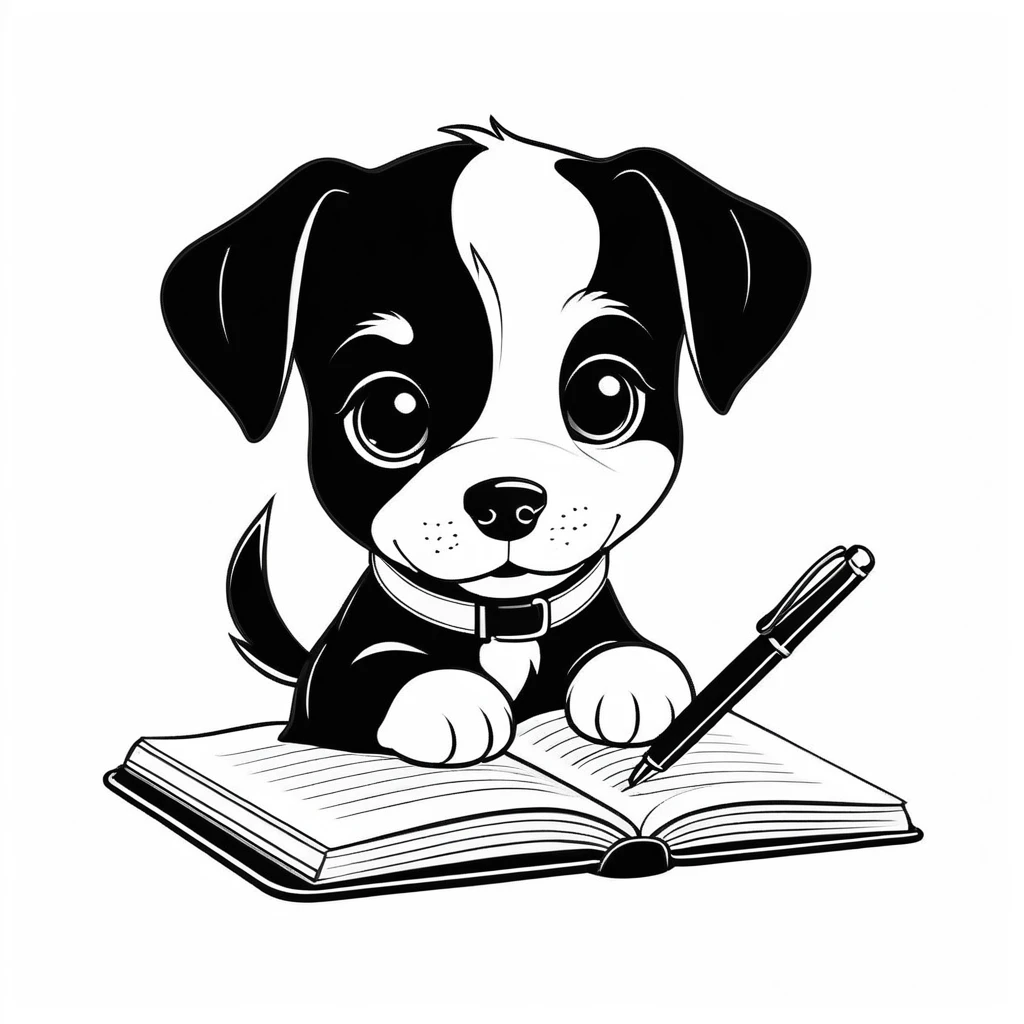 Cucciolo carino che scrive su un quaderno in stile libro illustrato